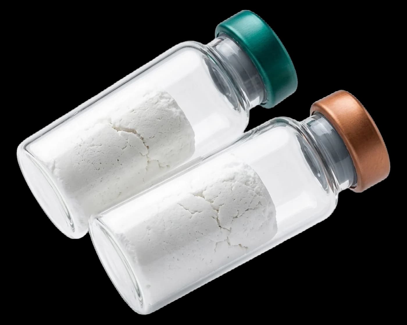 Two clear glass research vials of lyophilized powder with teal and copper crimp caps
